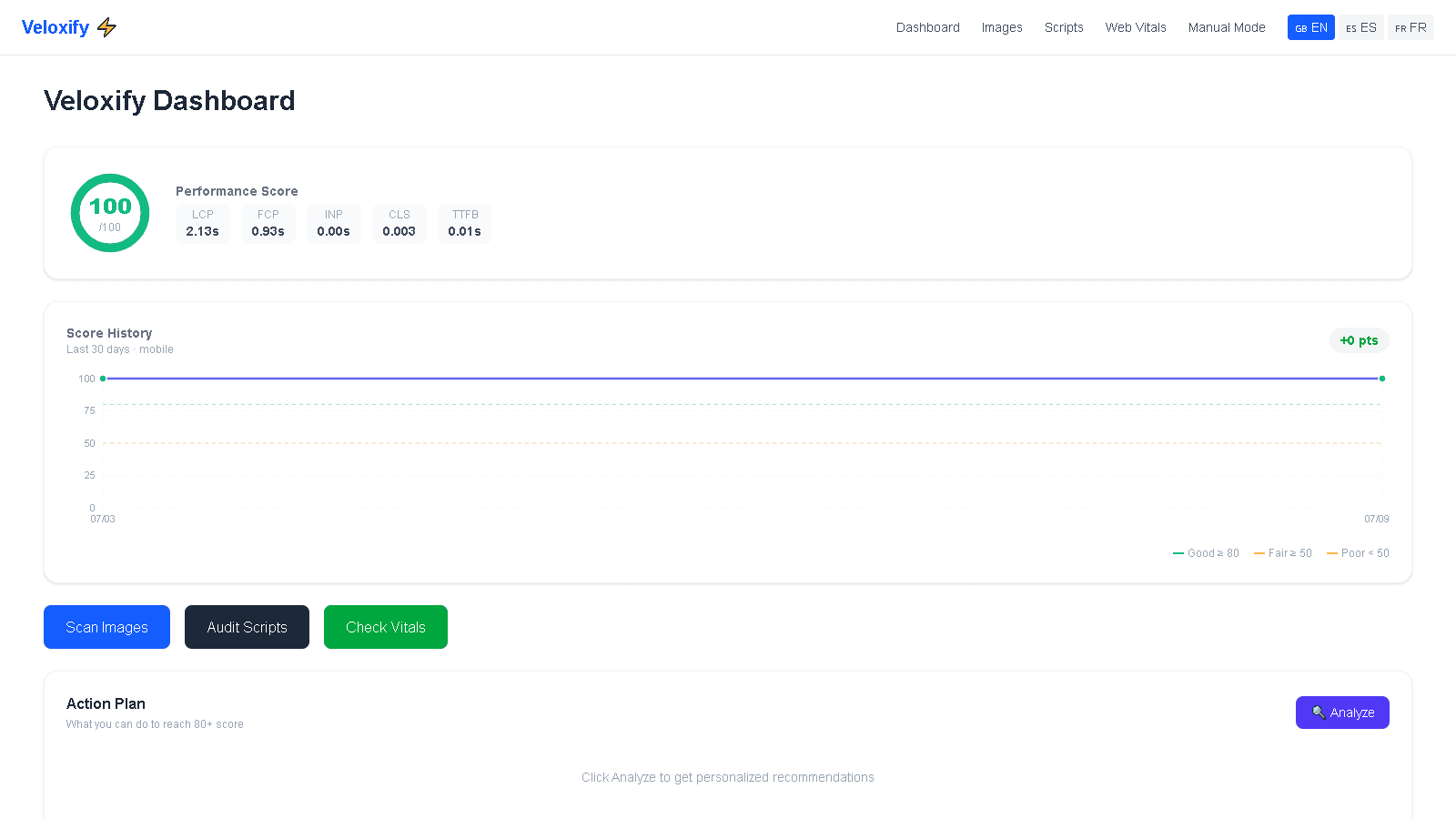 app dashboard screenshot — performance score view