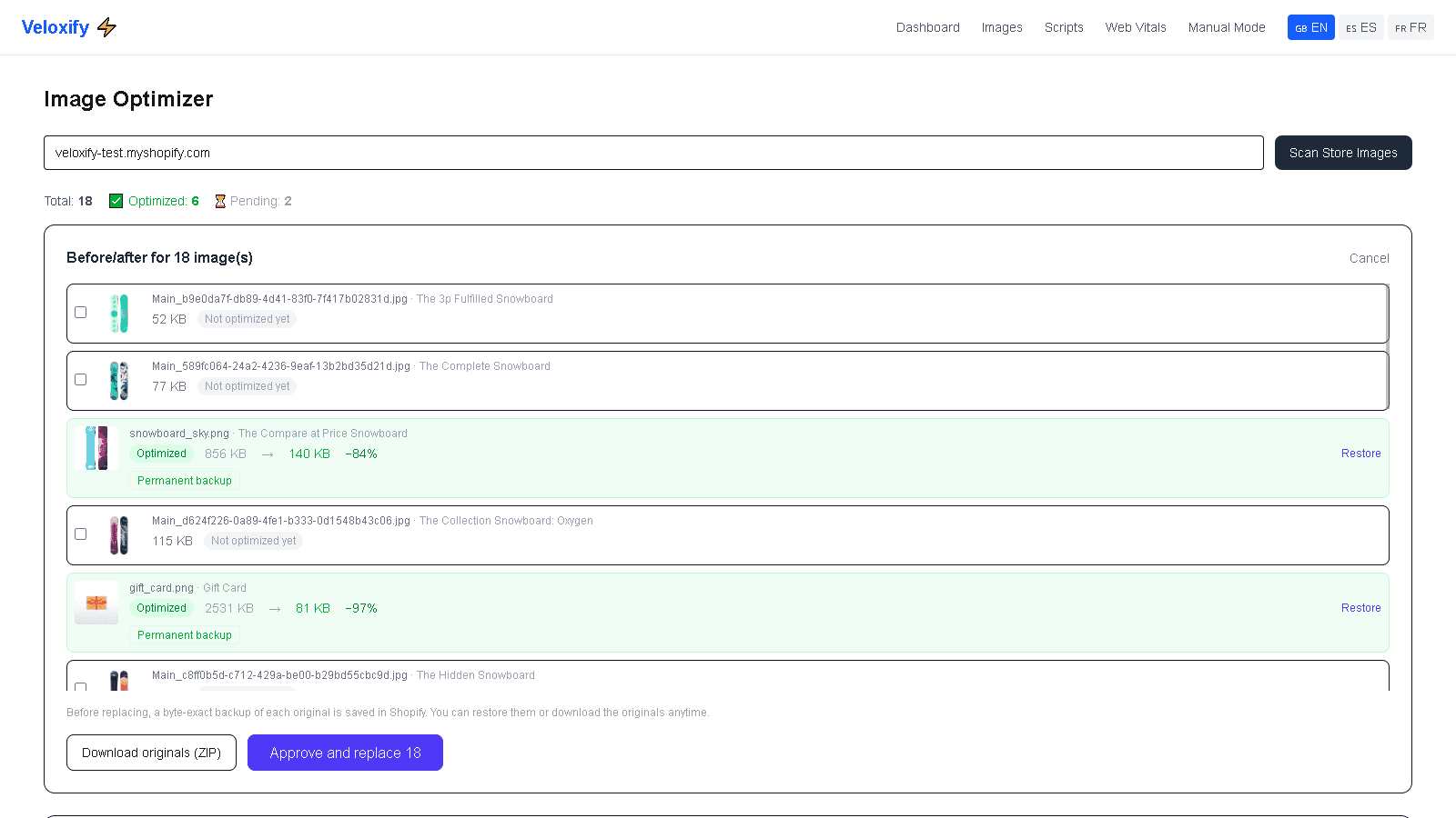 image optimizer screenshot — compression queue + restore